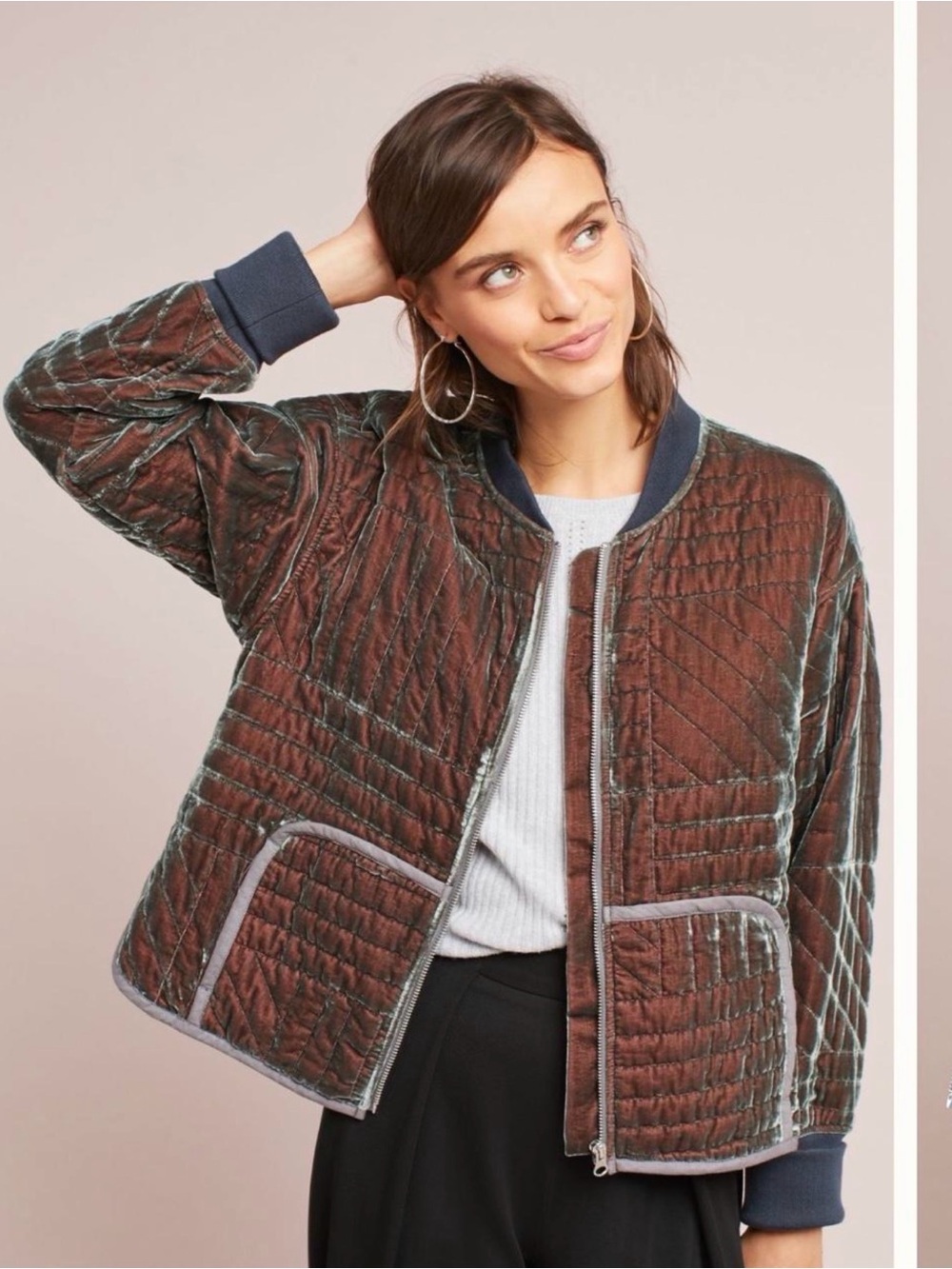 Anthropologie Quilted Velvet Bomber Jacket - XL